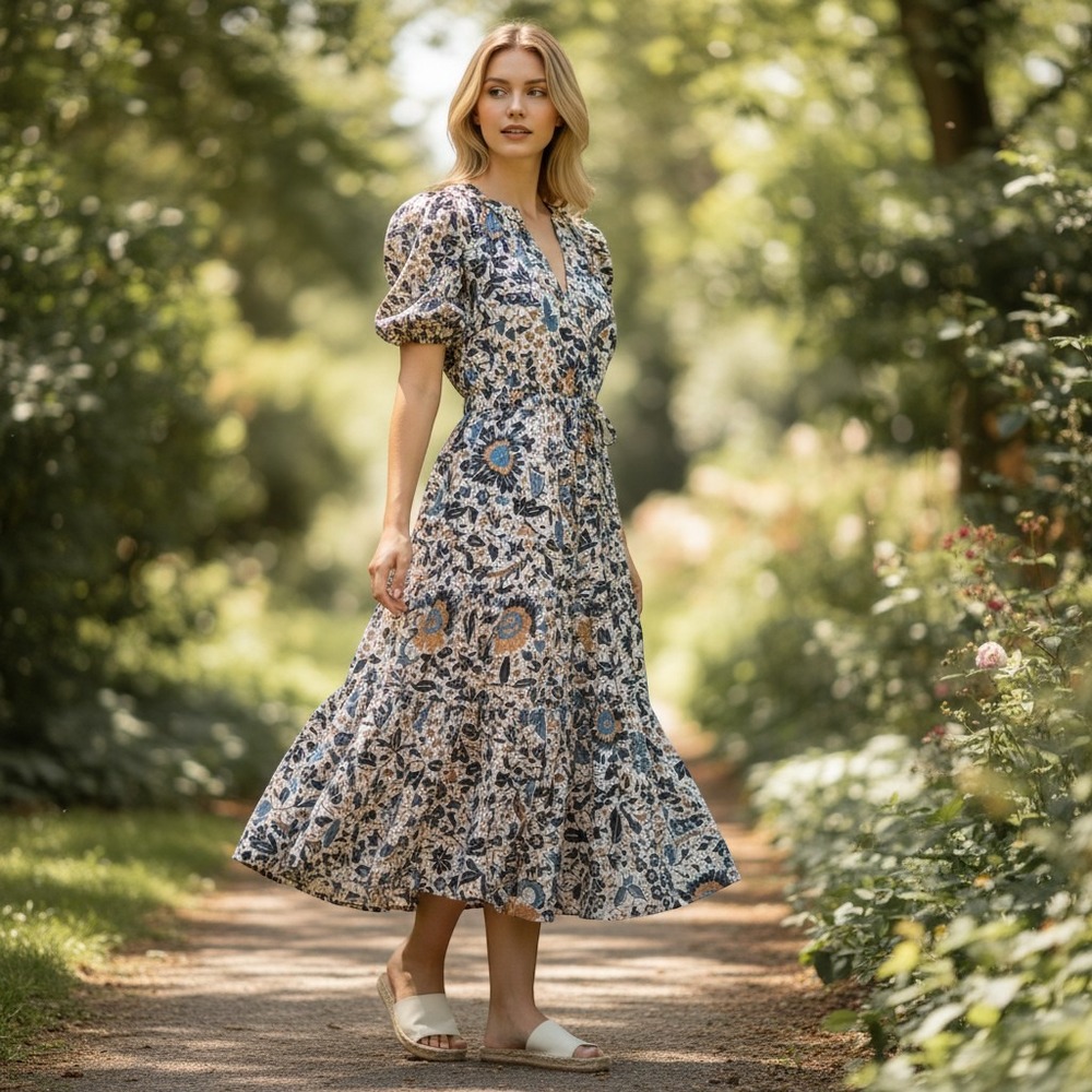 Ulla Johnson Olina Dress Women 6 Clematis Floral Cotton Puff Sleeve Tiered Midi